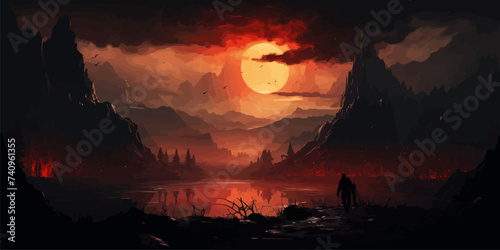 scenery of dirty street in abandoned city at sunset with digital art style, illustration painting