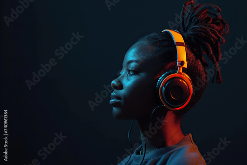 Young African American woman wearing headphones on a black background listening to his favorite music.