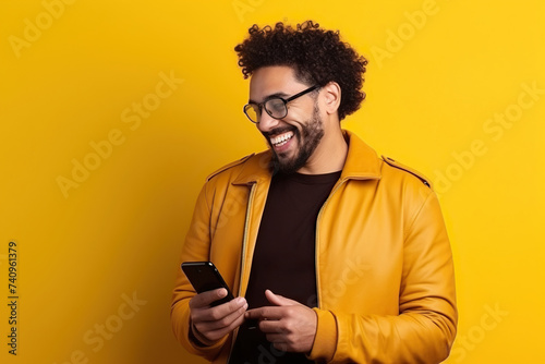 Happy Latin American man with phone on Amber studio background