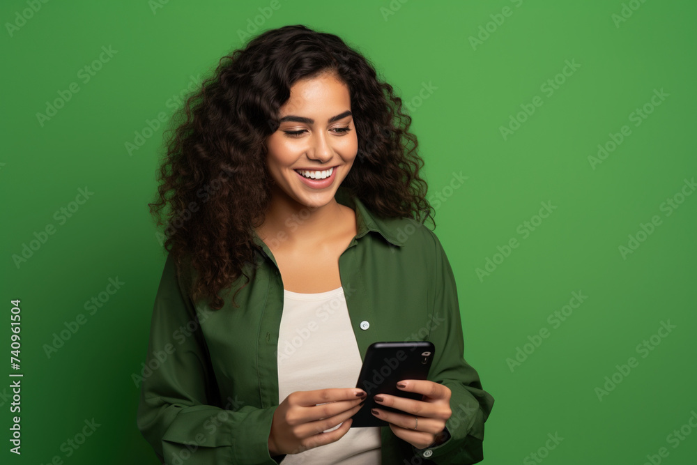 Happy Latin American woman with phone on Emerald studio background Happy Latin American woman with phone on Emerald studio background