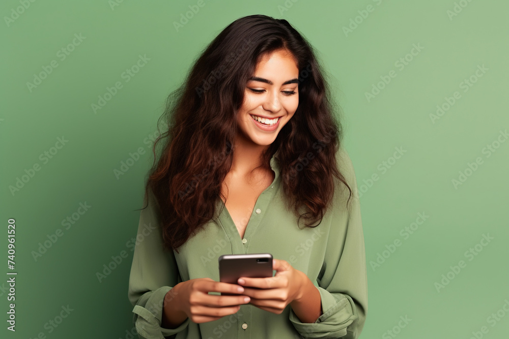 Happy Latin American woman with phone on Olive studio background Happy Latin American woman with phone on Olive studio background