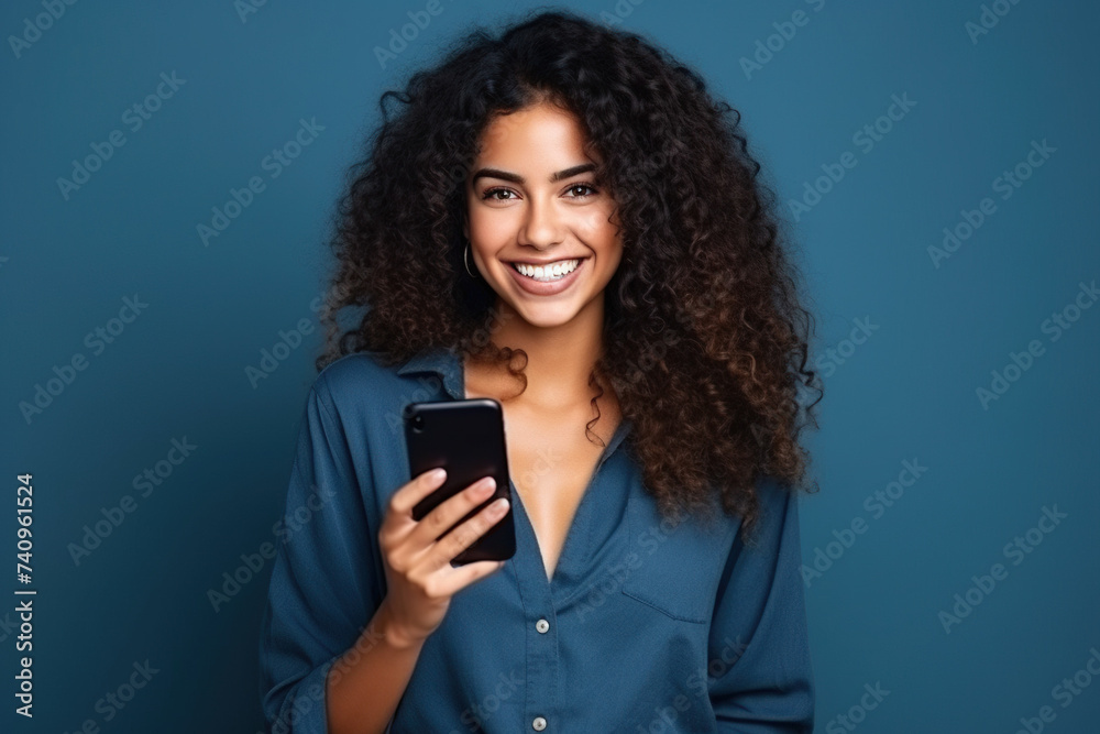 Happy Latin American woman with phone on Navy studio background
