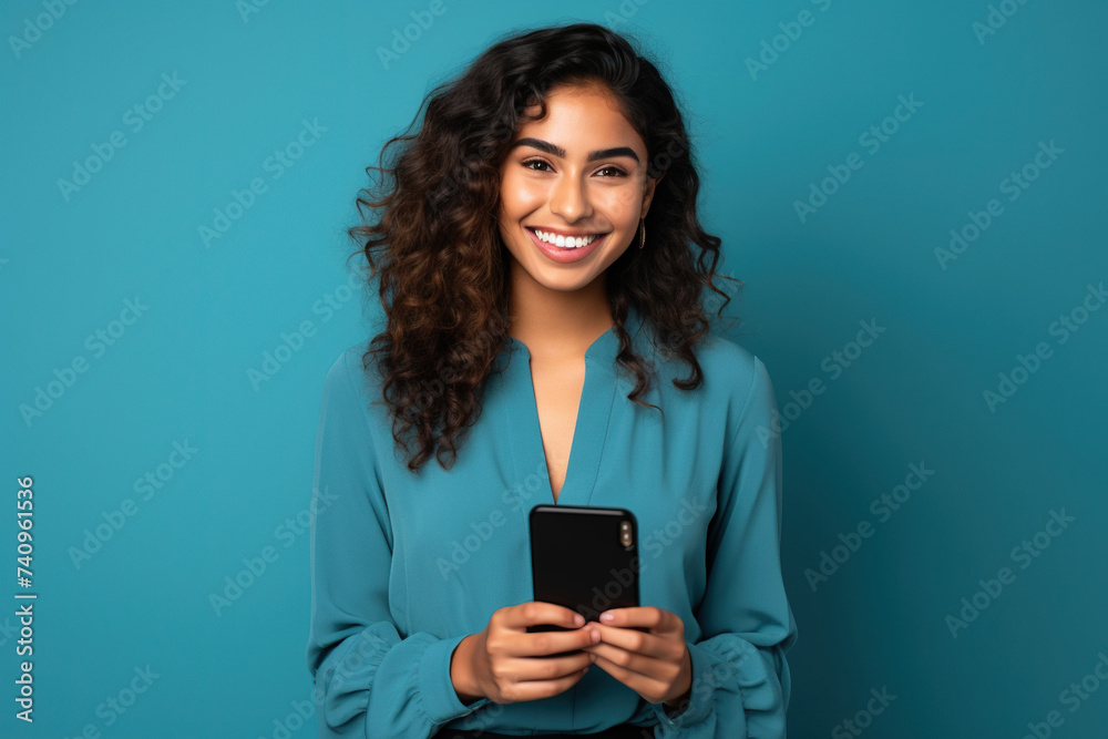 Happy Latin American woman with phone on Sapphire studio background