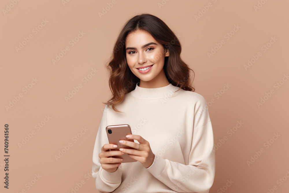 Happy woman with phone on Beige studio background