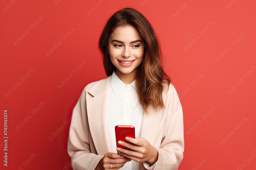 Happy woman with phone on Cherry studio background Happy woman with phone on Cherry studio background