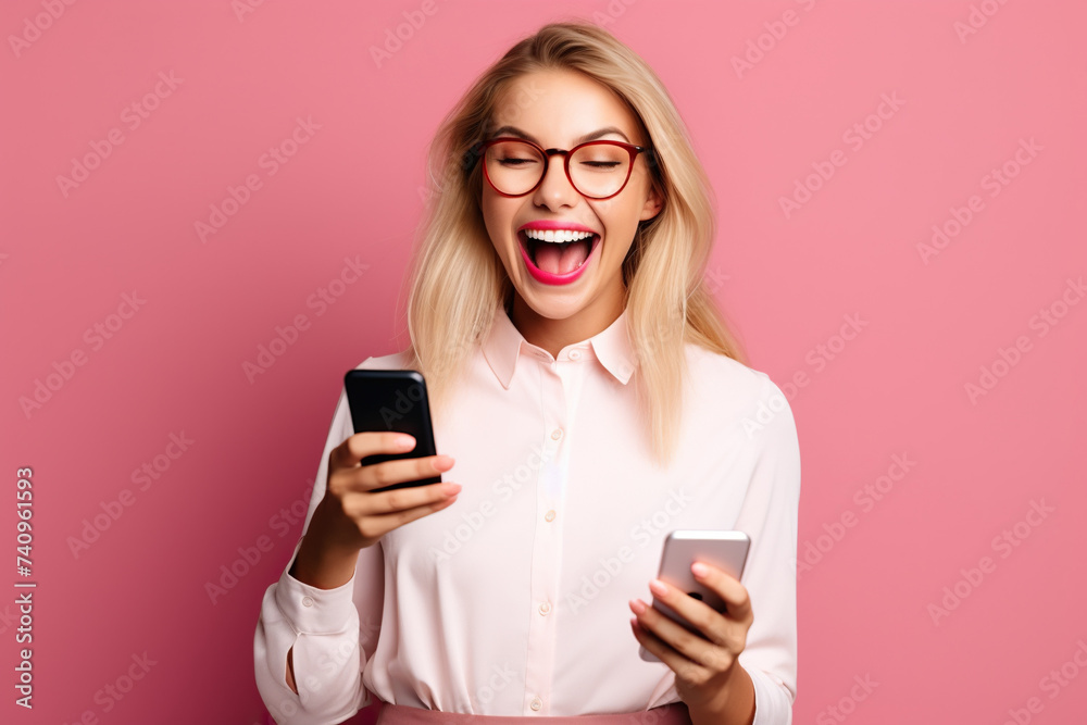Happy woman with phone on Cherry studio background Happy woman with phone on Cherry studio background