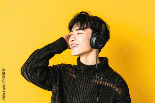 Young Asian man wearing headphones on a yellow background listening to his favorite music.