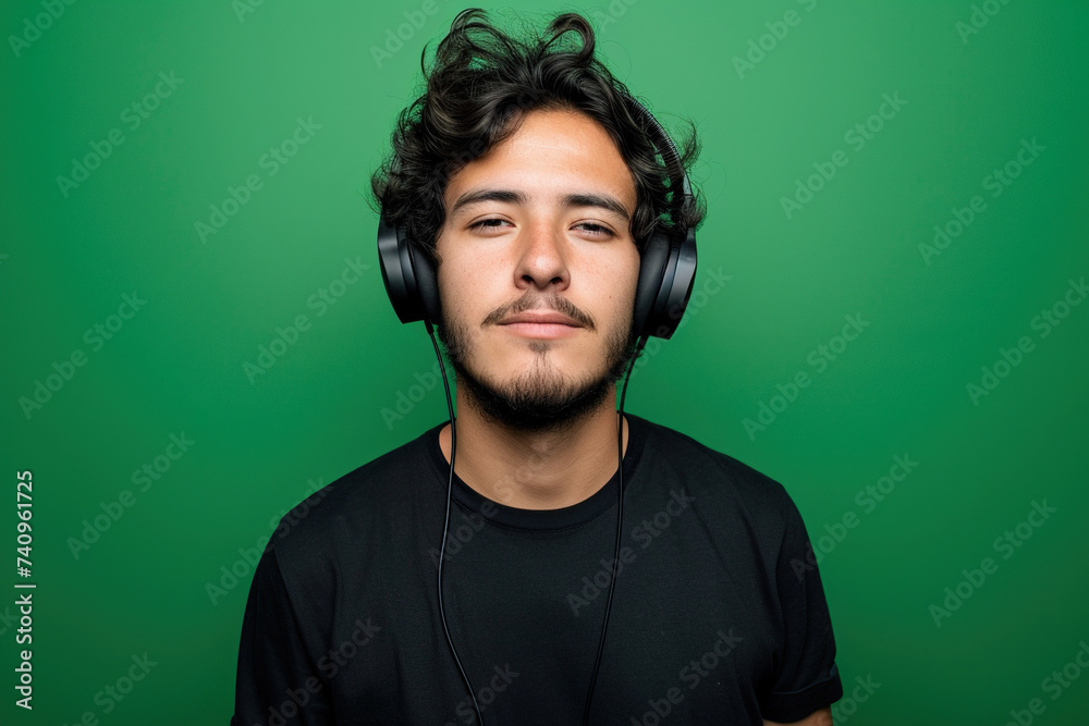 Young Latin man wearing headphones on a green background listening to his favorite music Young Latin man wearing headphones on a green background listening to his favorite music