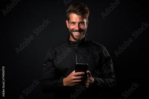 Man with phone on black studio background © AI_images