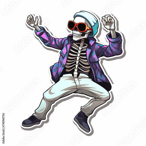a vinyl sticker that looks like a stylized breakdancing skeleton with cool shades сreated with Generative Ai