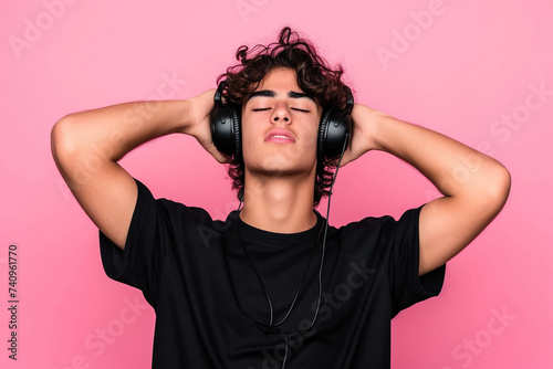 Young Latin man wearing headphones on a pink background listening to his favorite music.