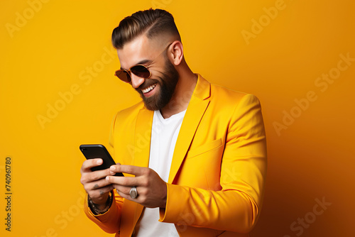 Man with phone on gold studio background