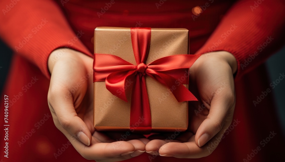 this hand is holding a red colored gift box