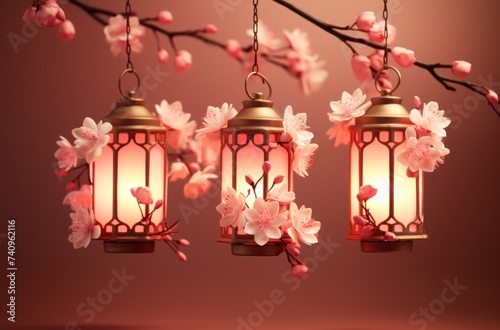 three lanterns hanging near red blossoms on pink background