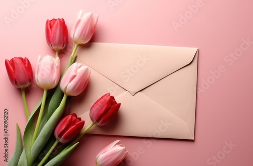 valentine envelope with tulips on pink background rose