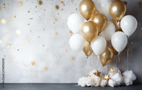 white and gold balloons with stars and confetti