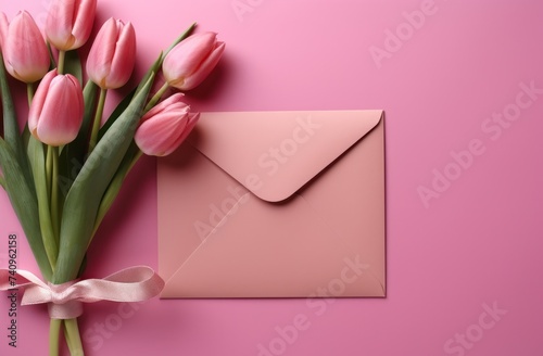 valentine envelope with tulips on pink background rose
