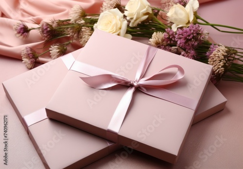 two bouquets, present boxes and a flower on pink background