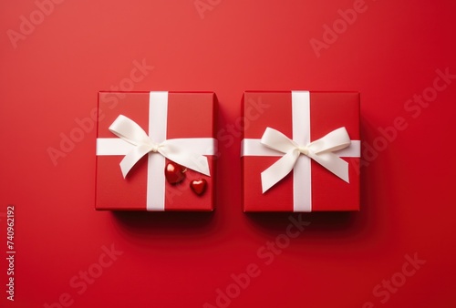 two valentines day gift boxes on a red background