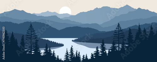 Silhouettes of mountains in the fog. Landscape overlooking a mountain lake with silhouettes of mountains and pine forest at sunrise or sunset. photo