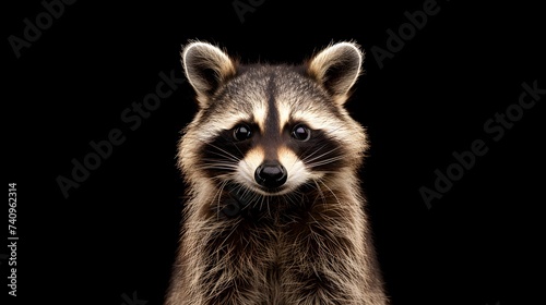 Young Raccoon standing in front and Looking at the camera isolated on black background