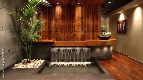Zen inspired reception front desk design with bamboo accents and tranquil water feature photo