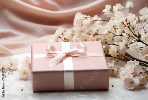 Valentine's celebration presents on background of pink flowers and a gift box