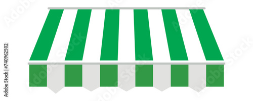 Green shop sunshade with stand holders. Realistic striped cafe awning. Outdoor market tent. Roof canopy. Summer street store. Vector illustration
