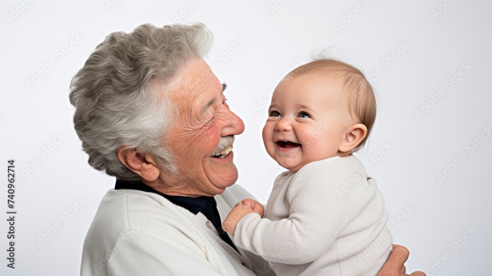 An elderly man with a baby in his arms on a white background An elderly man with a baby in his arms on a white background