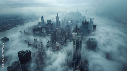 Top view of New York skyline in cloudy day. Skyscrapers of NYC in the fog. Stunning and magnificent view of famous city. digital art 
