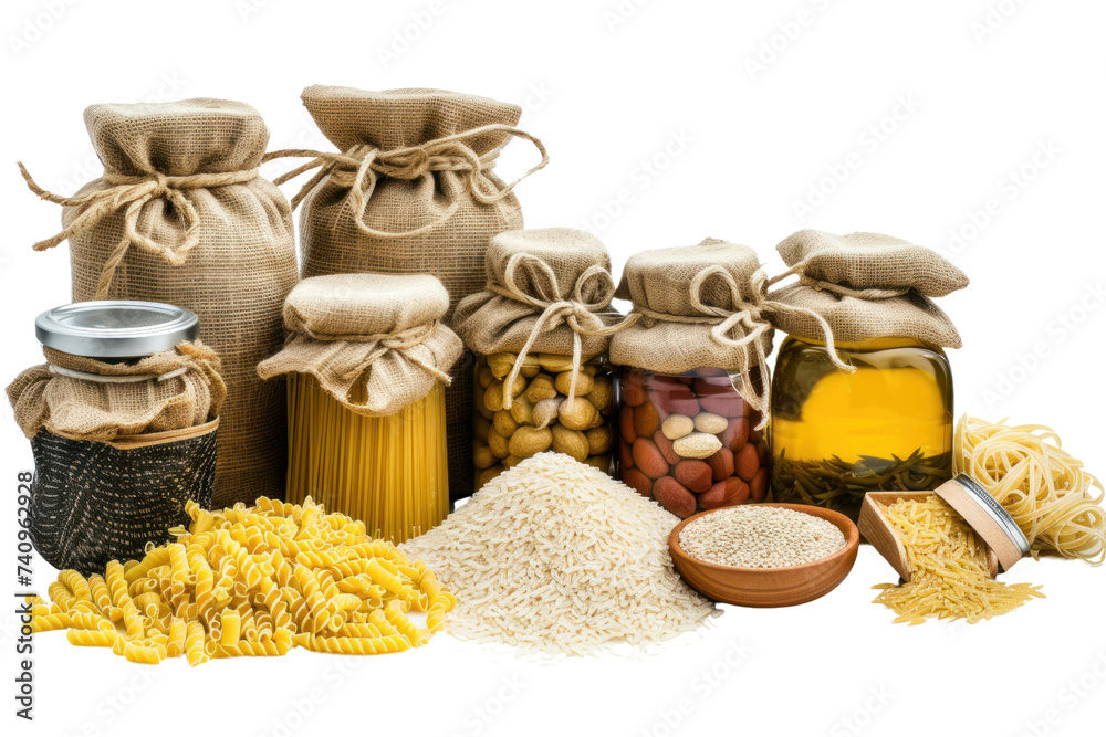 Prepared food for donation such as pasta, rice, oil, peanut butter, canned food, etc. isolated on transparent background.