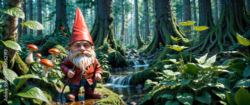 A Gnome in a forest with a stream running through it and trees and plants around it. photo
