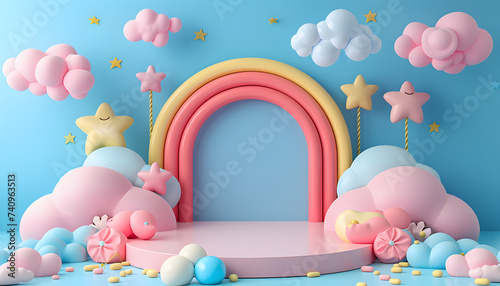 3D rendering podium kid style, colorful background, clouds and weather with empty space for kids or baby product