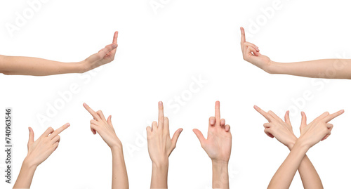 Female hands showing a gesture of fuck off from different angles, isolated on transparent background, png file