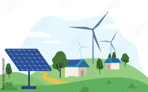 Vector Illustration of Sustainability through Renewable Energy, windmills and house with solar panels on rooftop flat illustration.