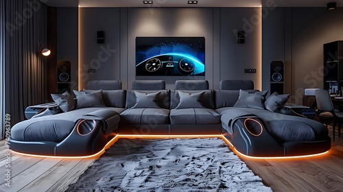 A contemporary sofa with adjustable headrests and built in speakers, providing immersive entertainment and comfort for gaming enthusiasts in a media room photo