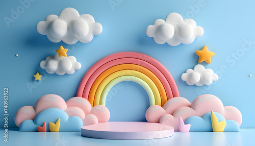 3D rendering podium kid style  colorful background  clouds and weather with empty space for kids or baby product