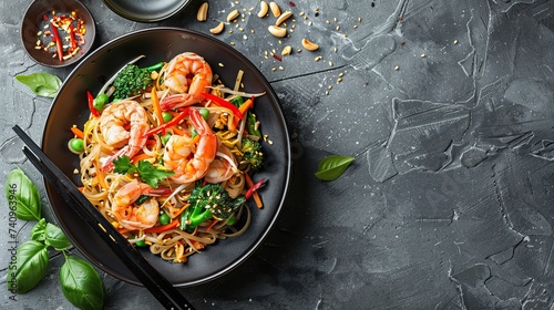 Traditional pad thai on a gray stone background with copy space, shrimp, fresh vegetables, and wheat noodles on a plate on a table with chopsticks. top view.