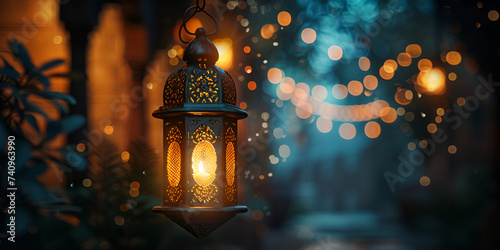 Islamic Background Suitable For Event, Ramadan Kareem Background With Hanging Lanterns, Eid Mubarak and Ramadan Kareem Islam holy month. Arabic lantern and burning candle at night.