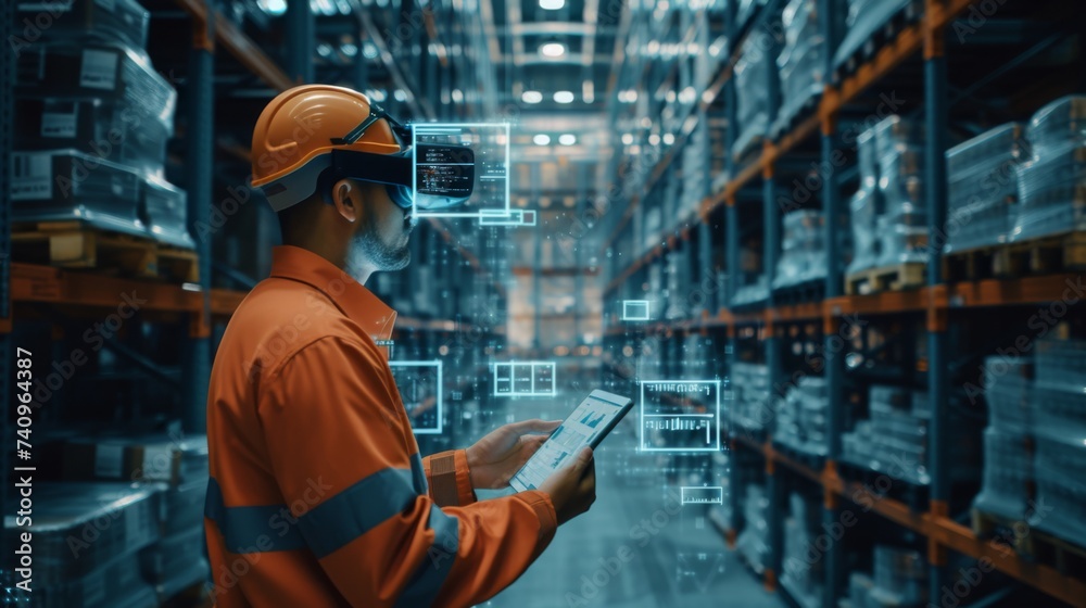 a warehouse worker uses an tablet and a VR headset in a large warehouse with numerous floating data points overlayed
