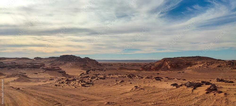 The expansive sandy desert, featuring solitary vegetation on arid terrain, and a stunning array of rocks shaped by nature during the sunset in Timimoun, the petite Tassili in Algeria. The expansive sandy desert, featuring solitary vegetation on arid terrain, and a stunning array of rocks shaped by nature during the sunset in Timimoun, the petite Tassili in Algeria.