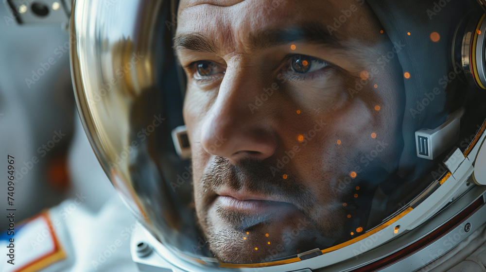 Face of a man - astronaut in a spacesuit, floating in space