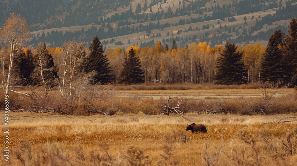 Grizzly Bear in the Wild, Montana wilderness landscape, at sunrise