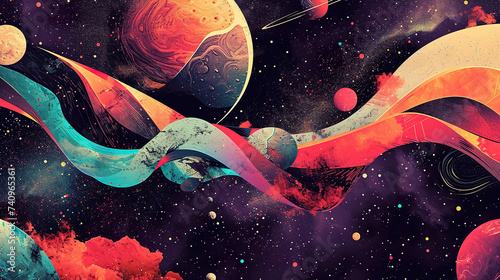 surreal cosmic collage with planets, stars, nebulas and galaxies, far alien world in style of abstract, dreamlike colorful universe 
