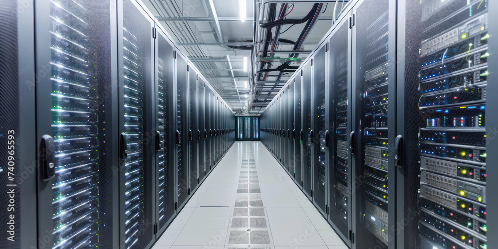 Banner with data center with multiple rows of operational server racks. Modern telecommunications, cloud computing, artificial intelligence, database concept. Banner with data center with multiple rows of operational server racks. Modern telecommunications, cloud computing, artificial intelligence, database concept.