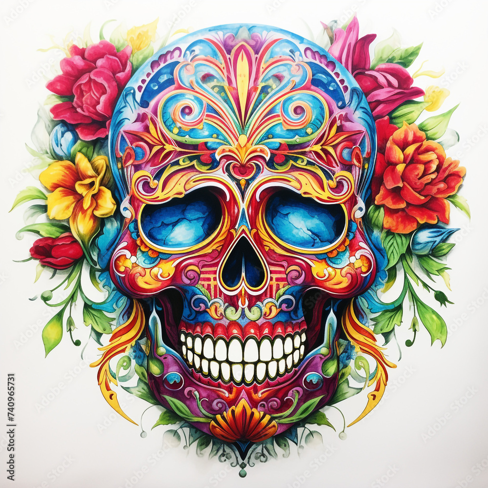a sugar skull with vibrant colors and intricate details in white background сreated with Generative Ai