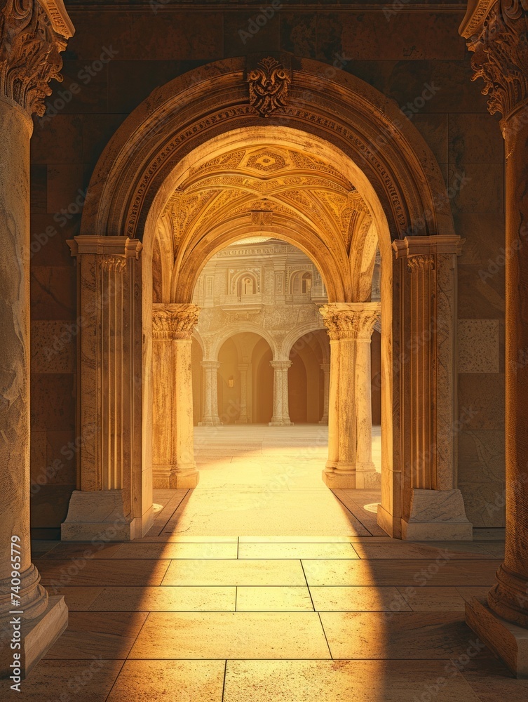 Ancient, grand archway leading to an open courtyard bathed in golden sunlight. The passage through the arch symbolizes the transition from one phase of life to another.