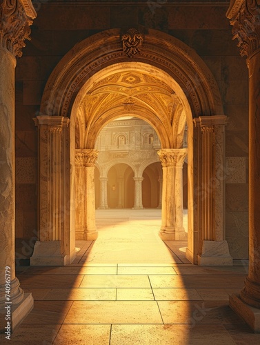 Ancient  grand archway leading to an open courtyard bathed in golden sunlight. The passage through the arch symbolizes the transition from one phase of life to another.