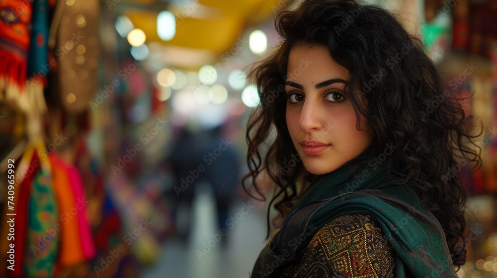 Beautiful african american woman with curly hair wearing black clothes and posing in the street. Iranian woman with ebony curls, positioned against the vibrant colors of the Grand Bazaar in Tehran. Beautiful african american woman with curly hair wearing black clothes and posing in the street. Iranian woman with ebony curls, positioned against the vibrant colors of the Grand Bazaar in Tehran.