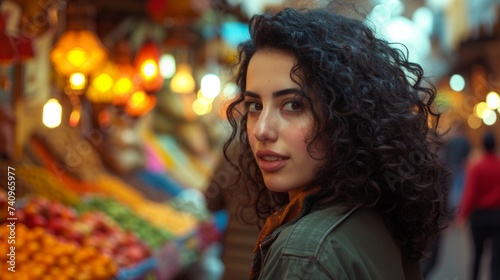 Beautiful african american woman with curly hair wearing black clothes and posing in the street. Iranian woman with ebony curls, positioned against the vibrant colors of the Grand Bazaar in Tehran.  © Oskar Reschke